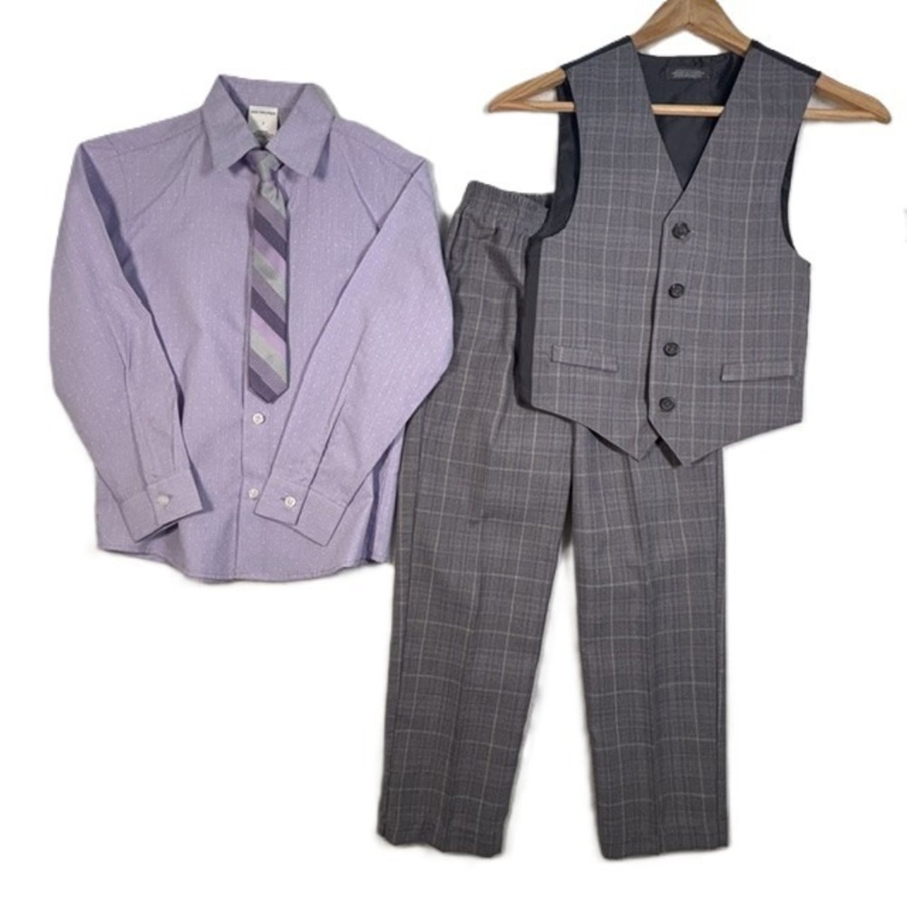 Van Heusen 4 Piece Suit Set Purple Grey Plaid Formal Boys Size 7 Good
